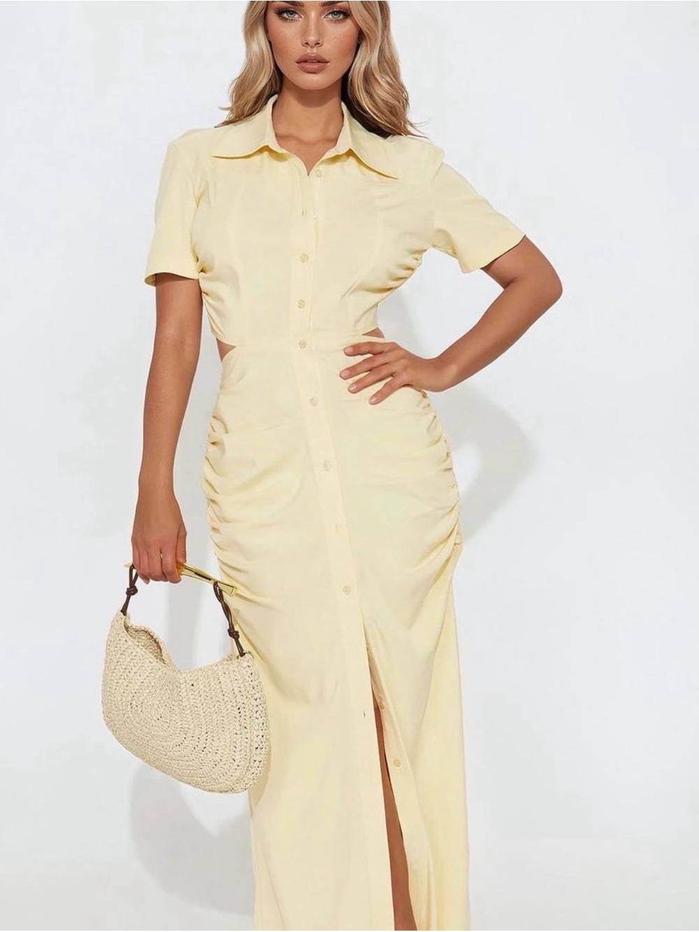 Elegant Butter Yellow Button-Front Cutout Maxi Dress